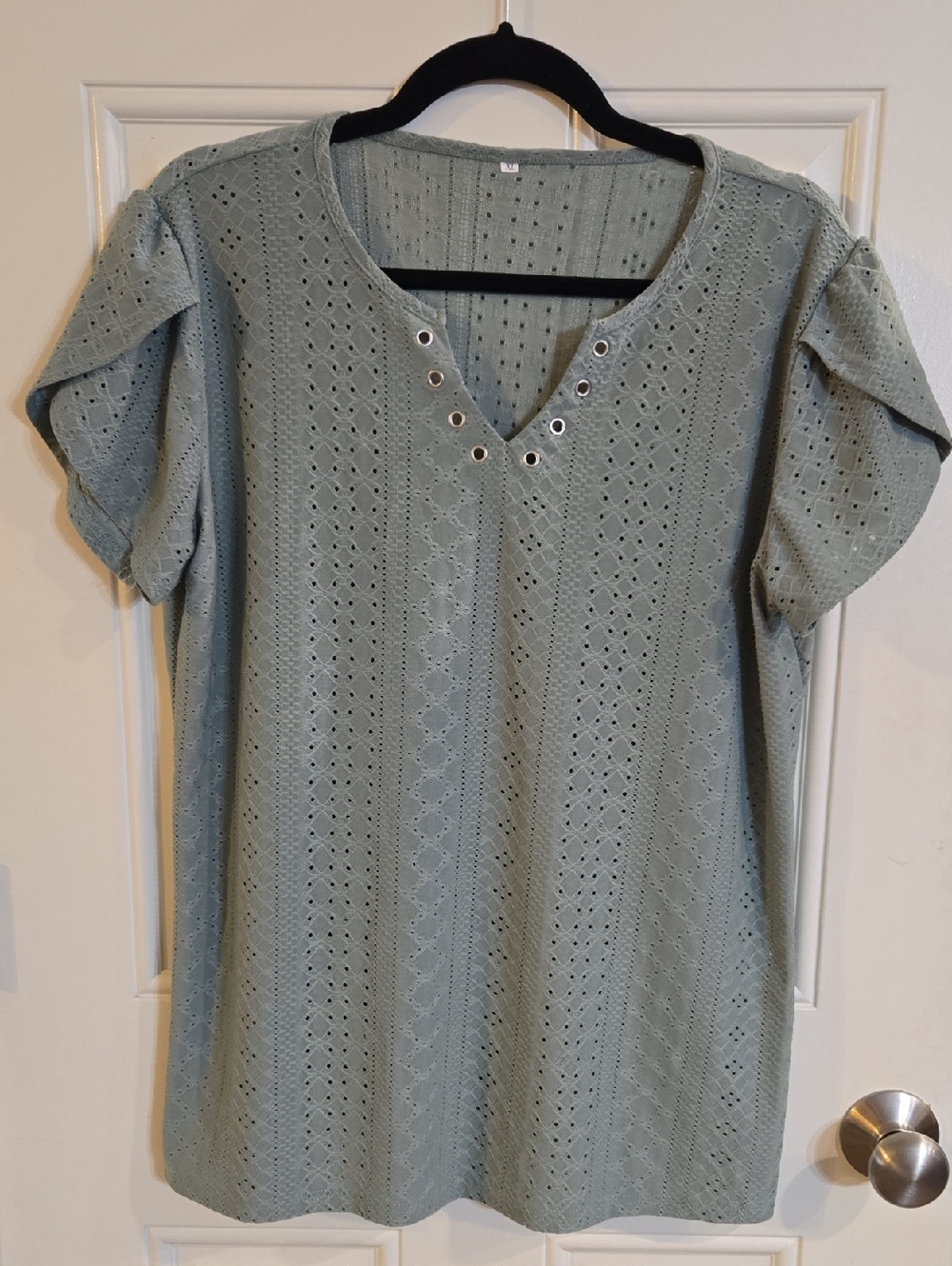 Eyelet Knit V-Neck Top in Sage Green